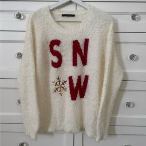 HEART & SOUL CREAM FUZZY SWEATER WITH FUN SNOW LETTERS & GOLD SNOWFLAKE, SIZE 12
